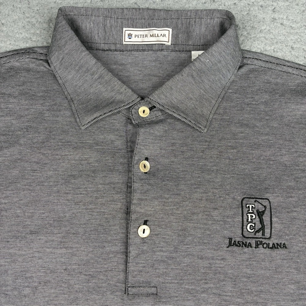 Peter Millar Polo Shirt Men's L Gray Striped Cotton Golf Jasna Polana TPC Logo - Picture 1 of 10